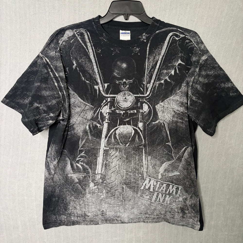 Miami Ink Shirt Mens XL Black Skull Motorcycle AOP Tattoo Tee Y2k Motto Skater